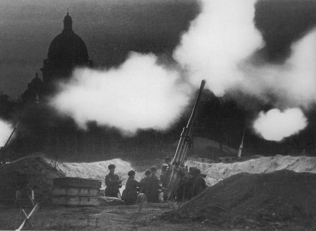 Soviet 85mm anti-aircraft guns deployed in the neighborhood of St Isaac's Cathedral during the Siege of Leningrad (formerly Petrograd, now called St. Petersburg, ) in 1941.