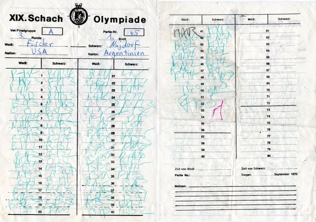 Fischer's scoresheet from his round 3 game against Miguel Najdorf in the 1970 Chess Olympiad in Siegen, Germany