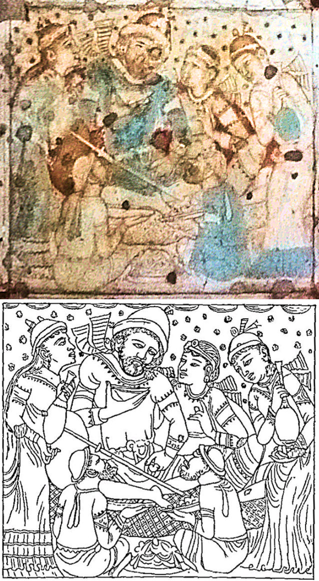 Foreign dignitary drinking wine, on ceiling of Cave 1, at Ajanta Caves, possibly depicting the Sasanian embassy to Indian king Pulakesin II (610–642), photograph and drawing.