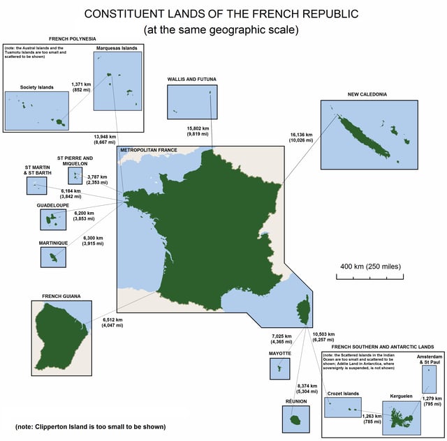 The lands making up the French Republic, shown at the same geographic scale