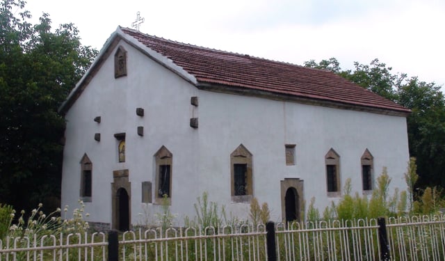 Vernacular Gothic Revival elements in an 1873 church of the Slavine Architectural School in Gavril Genovo, Montana Province, northwestern Bulgaria