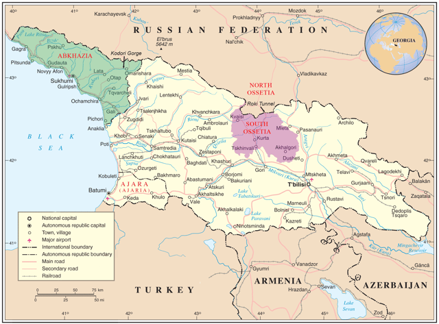 Map of Georgia highlighting the disputed territories of Abkhazia and Tskhinvali Region (South Ossetia), both of which are outside the control of the central government of Georgia