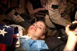 A combat camera video shows the 1 April 2003 footage of Lynch on a stretcher during her rescue from Iraq.