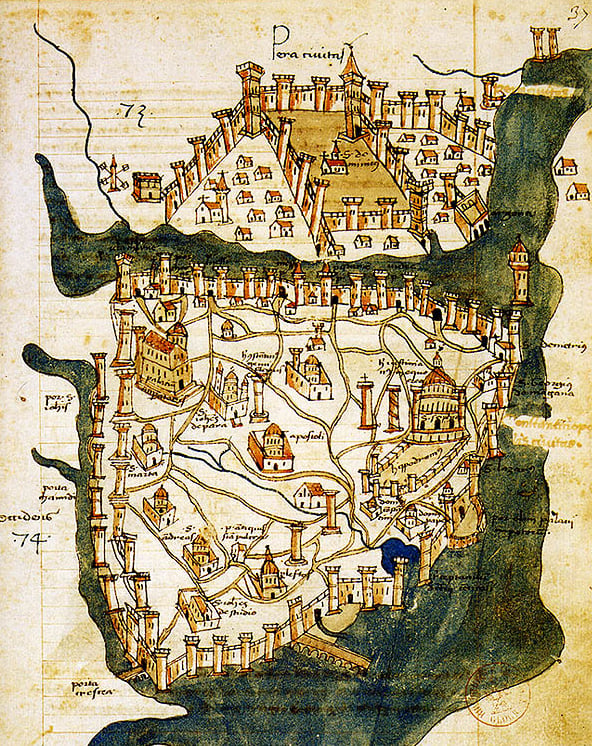 Created in 1422 by Cristoforo Buondelmonti, this is the oldest surviving map of Constantinople.