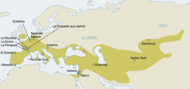 Distribution of the Neanderthal, and main sites.