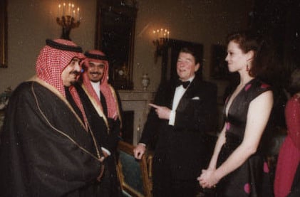 Reagan with actress Sigourney Weaver and King Fahd of Saudi Arabia in 1985. The U.S. and Saudi Arabia supplied money and arms to the anti-Soviet fighters in Afghanistan.