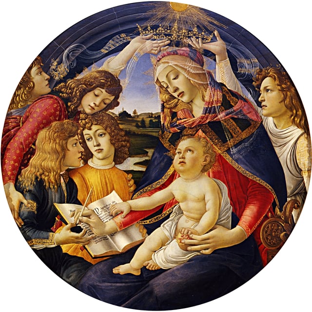 Madonna of the Magnificat shows Lucrezia de' Medici as the Madonna surrounded by her children, with Lorenzo holding a pot of ink.