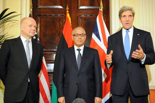 UK Foreign Secretary William Hague with Libyan Prime Minister Ali Zeidan and U.S. Secretary of State John Kerry, November 2013