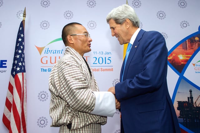 Prime Minister of Bhutan Tshering Tobgay with U.S. Secretary of State John Kerry in 2015.