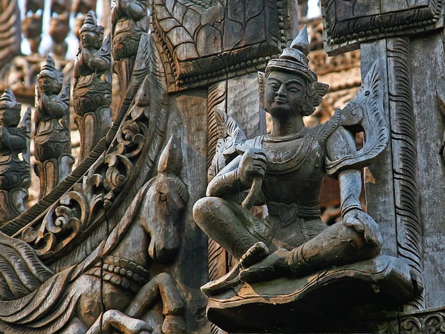 Wood carving of Lokanat at Shwenandaw Monastery, Mandalay, Burma