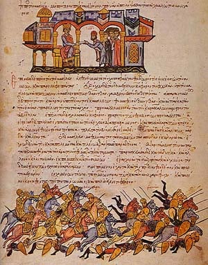 The Bulgarians routing the Byzantine forces at Bulgarophygon in 896