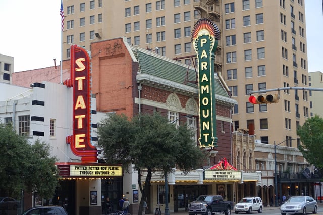 The State Theater and Paramount Theatre on Congress Avenue in Downtown Austin