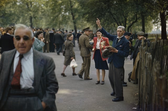At Speakers' Corner of Hyde Park, London, here in 1944, people traditionally gather to exchange views, debate, and listen. Debating and free speech societies are found throughout the UK and make a regular part of TV.