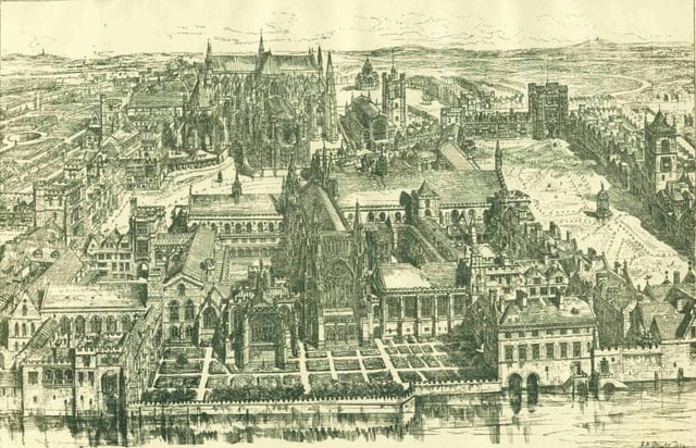 Conjectural restoration of Westminster during the reign of Henry VIII. St Stephen's Chapel in the centre dominates the whole site, with the White Chamber and Painted Chamber on the left and Westminster Hall on the right. Westminster Abbey is in the background.