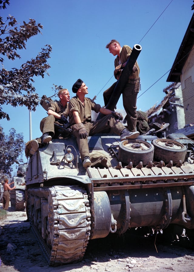 Canadian crew of a Sherman tank, south of Vaucelles, France, during the Battle of Normandy in June 1944