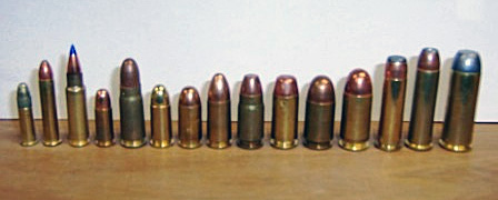 A variety of common pistol cartridges. From left to right: 22 LR, .22 WMR, 5.7×28mm, 25 ACP, 7.62×25mm Tokarev, 32 ACP, 380 ACP, 9×19mm Parabellum, 357 SIG, 40 S&W, 45 GAP, 45 ACP, .38 Special, 357 Magnum, 45 Colt