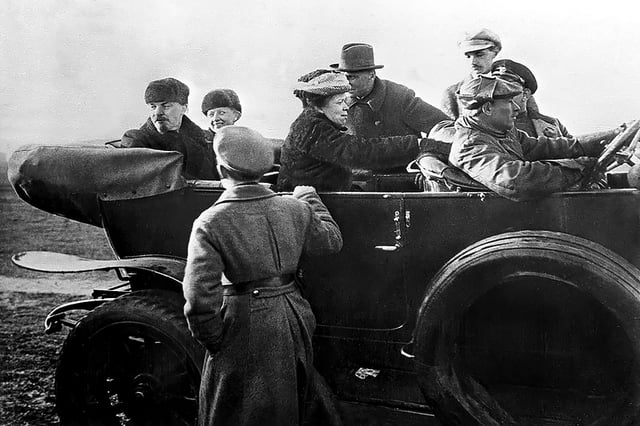 Lenin with his wife and sister in a car after watching a Red Army parade at Khodynka Field in Moscow, May Day 1918