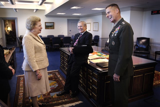 Rumsfeld with former British Prime Minister Margaret Thatcher alongside the Chairman of the Joint Chiefs of Staff General Peter Pace, 2006
