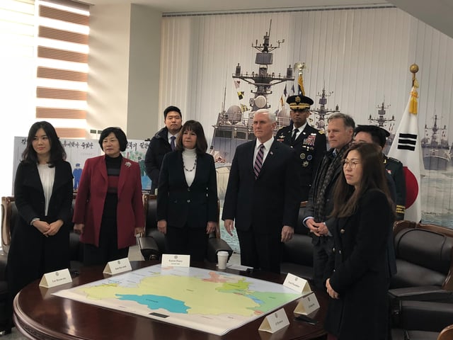 U.S. Vice President Mike Pence at Cheonan memorial with North Korean defectors and Fred Warmbier, February 2018