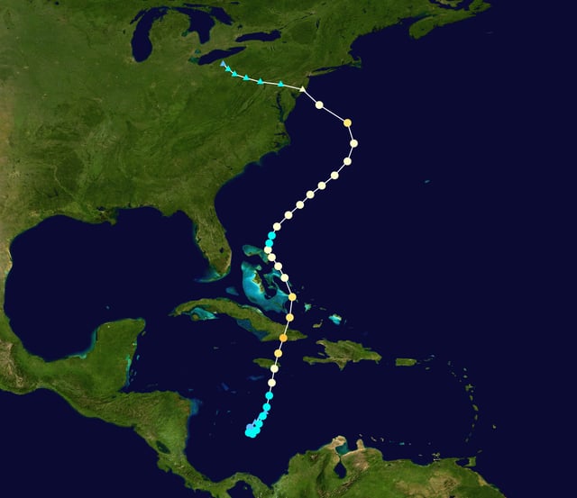 Map plotting the track and the intensity of the storm, according to the Saffir–Simpson scale
