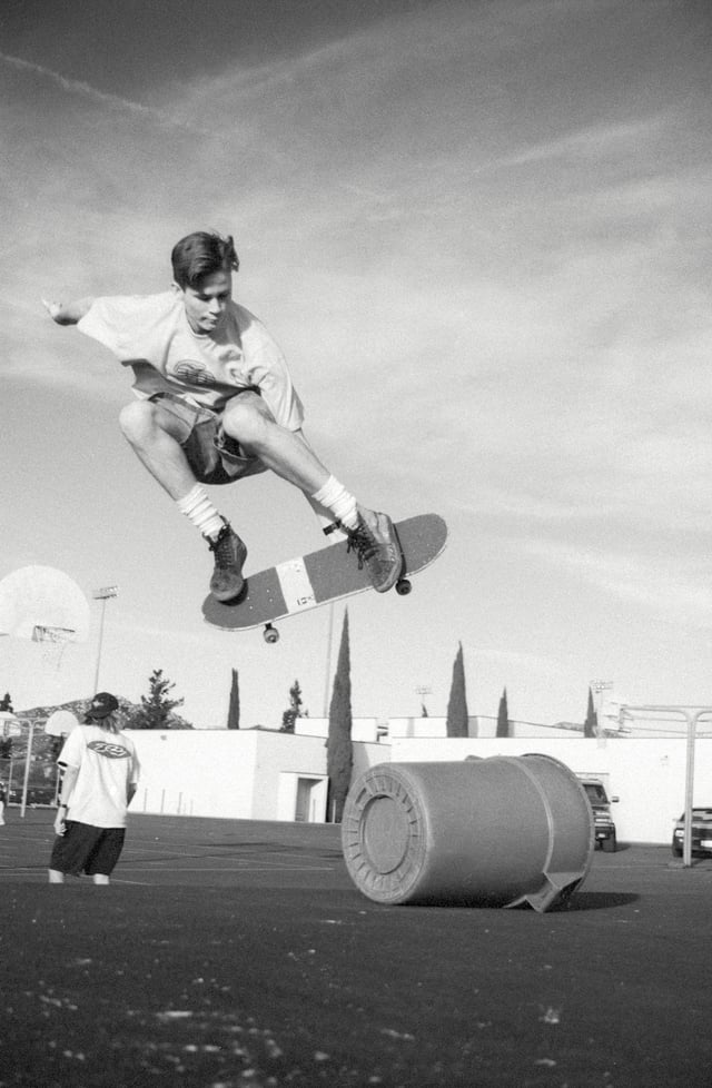 DeLonge skateboarding at Poway High School in the 1990s
