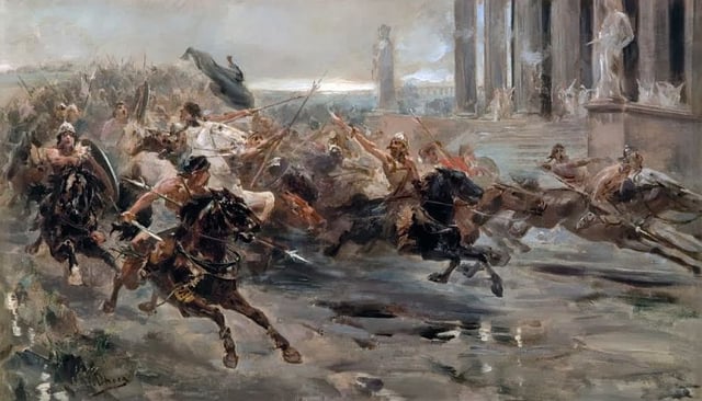 The Huns, led by Attila, invade Italy (Attila, the Scourge of God, by Ulpiano Checa, 1887).