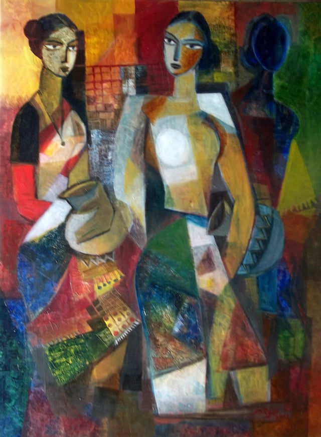 Women with pots- oil 2011. In his Singapore exhibition this painting was titled as 'In search of water'