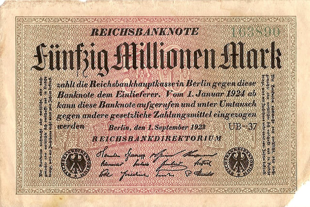 A 50 million mark banknote issued in 1923, worth approximately one U.S. dollar when issued, would have been worth approximately 12 million U.S. dollars nine years earlier, but within a few weeks inflation made the banknote practically worthless.