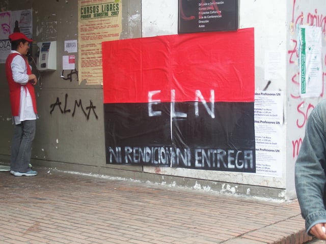"Neither Surrender, Nor Deliverance" reads the poster of the Ejército de Liberación Nacional at the National University of Colombia.