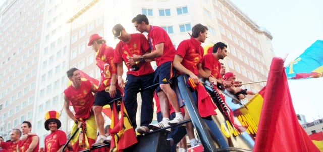 Torres celebrates with Spain at Plaza de España on 12 July 2010 after winning the 2010 FIFA World Cup