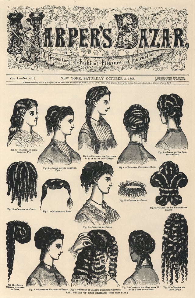 Cover of Volume I, No. 49 of Harper's Bazar (now Harper's Bazaar), showing hairstyles (1868)