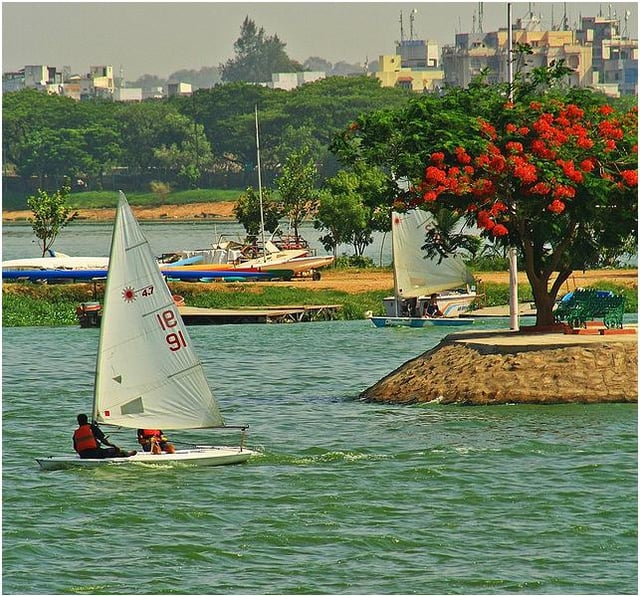 Optimist and Laser dinghies during the Hyderabad Sailing Week Regatta at Hussain Sagar
