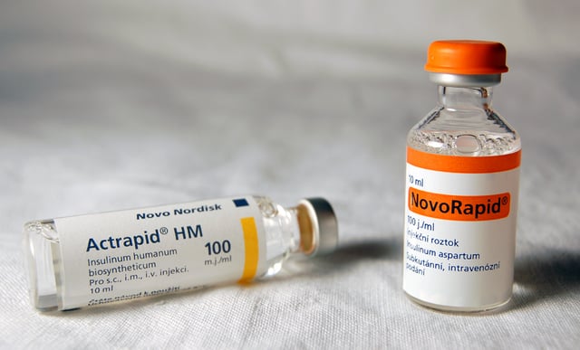 A vial of insulin. It has been given a trade name, Actrapid, by the manufacturer.