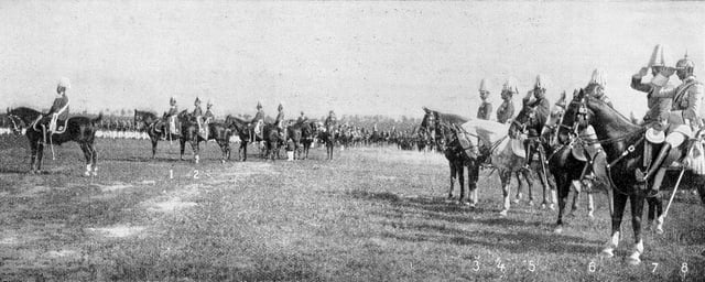 Emperor Wilhelm with the Grand Duke of Baden, Prince Oskar of Prussia, the Grand Duke of Hesse, the Grand Duke of Mecklenburg-Schwerin, Prince Louis of Bavaria, Prince Max of Baden and his son, Crown Prince Wilhelm, at pre-war military manoeuvres in autumn 1909