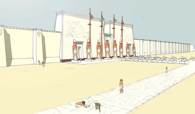 Artist's depiction of the western forecourt of the Great Temple of Ptah at Memphis.