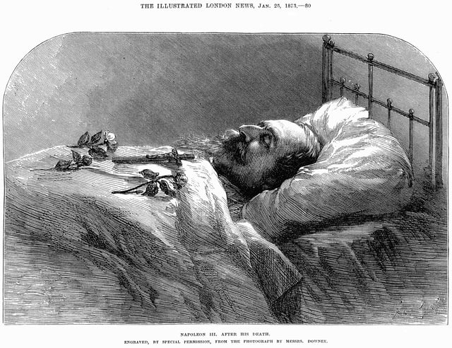 Napoleon III after his death, wood-engraving in the Illustrated London News of 25 January 1873, after a photograph by Mssrs. Downey