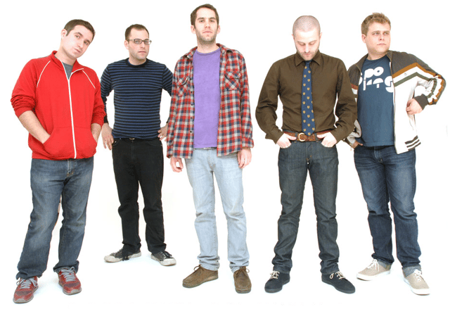 Members of the sketch comedy group Olde English. From left to right: Ben Popik, Raphael Bob-Waksberg, David Segal, Caleb Bark, and Adam Conover