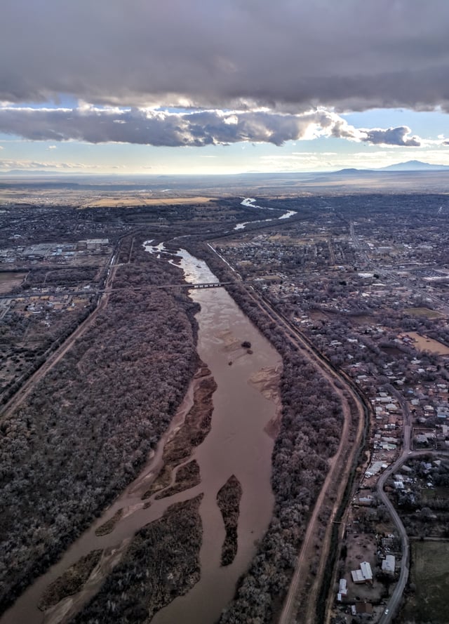 Aerial view of the Rio Grande flowing through Albuquerque in 2016