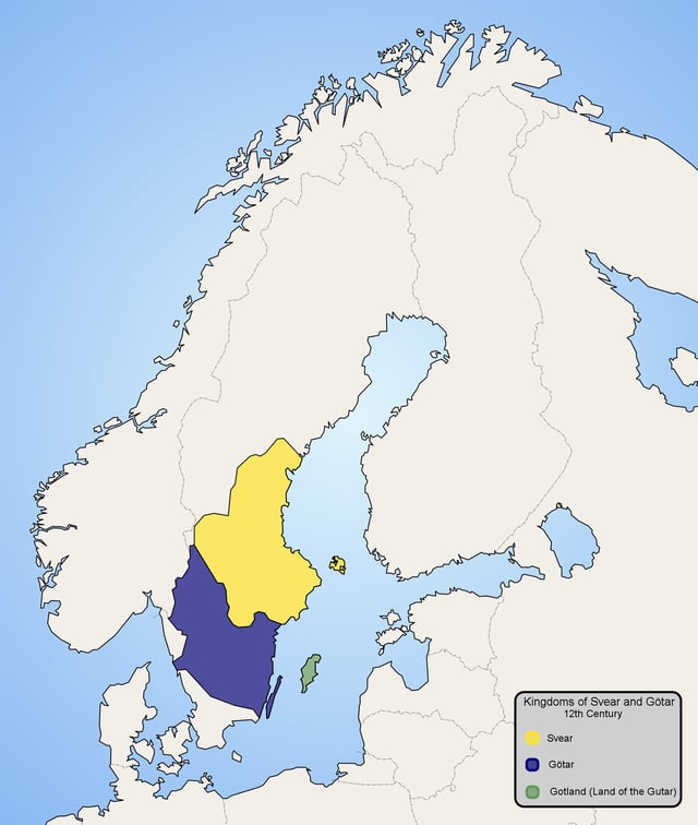 Kingdoms of Svear (Sweonas) and Götar (Geats) in the 12th century, with modern borders in grey