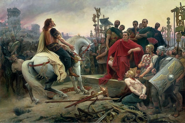 Vercingetorix surrenders to Caesar during the Battle of Alesia. The Gallic defeat in the Gallic Wars secured the Roman conquest of the country.