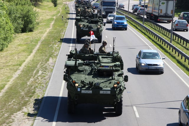 Strykers from the 56th SBCT, 28th ID arrive in Lithuania 8 June 2015 to take part in Operation Saber Strike 2015.