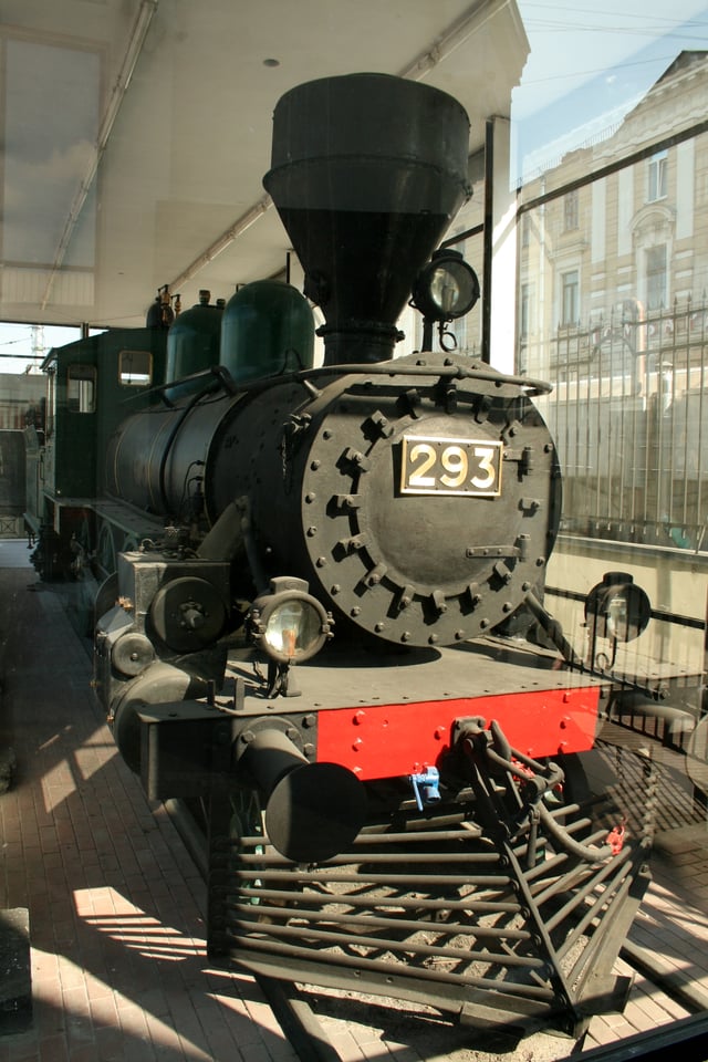 The engine that pulled the train on which Lenin arrived at Petrograd's Finland Station in April 1917 was not preserved. So Engine #293, by which Lenin escaped to Finland and then returned to Russia later in the year, serves as the permanent exhibit, installed at a platform on the station.