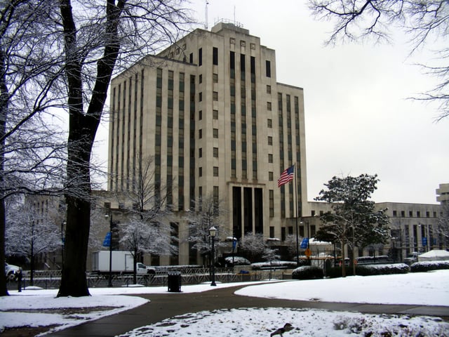 Snowfall outside Birmingham City Hall in February 2010