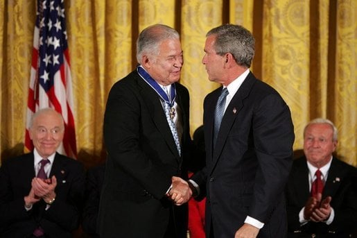 Alpha Phi Alpha member Edward Brooke is congratulated by President George W. Bush at the Ceremony for the 2004 Recipients of the Presidential Medal of Freedom, The East Room of the White House.
