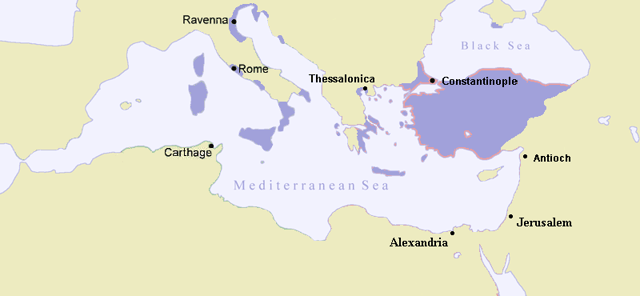 Map of the Eastern Roman Empire in 717 AD. Over the course of the seventh and eighth centuries, Islamic expansion had ended Roman rule in Africa and though some bastions of Roman rule remained, most of Italy was controlled by the Lombards.
