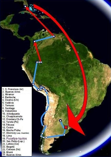 A map of Guevara's 1952 trip with Alberto Granado (the red arrows correspond to air travel)