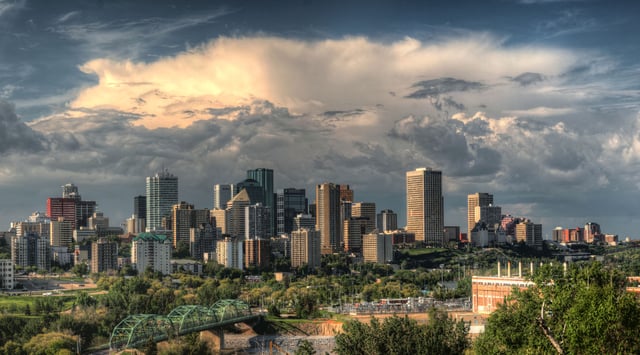 Skyline of downtown Edmonton. Downtown Edmonton is the centre of the Edmonton Metropolitan Region.