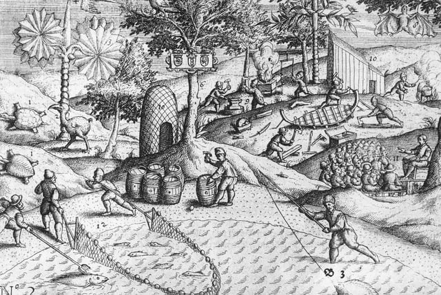 Dutch activities on the shore of Mauritius, as well as the first published depiction of a dodo bird, on the left, 1601