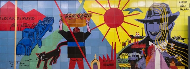 Homage to Buenos Aires, a mural located at the Carlos Gardel station of the Buenos Aires Underground. It represents a typical scene from the city and several of its icons, such as singer Carlos Gardel, the Obelisco, the port, tango dancing and the Abasto market.