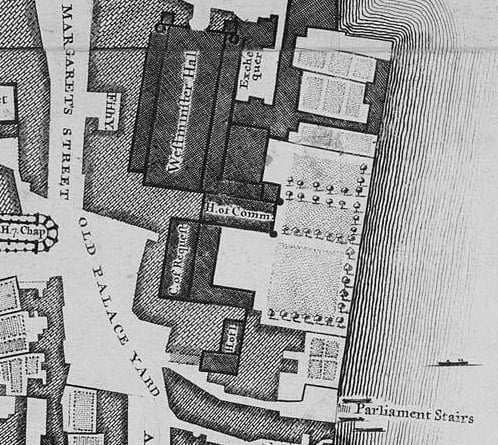 A detail from John Rocque's 1746 map of London. St Stephen's Chapel, labelled "H of Comm" (House of Commons), was adjacent to Westminster Hall; the Parliament Chamber—labelled "H of L" (House of Lords)—and the Prince's Chamber were to the far south. The Court of Requests, between the two Houses, would become the new home of the Lords in 1801. At the north-east, by the river, stood Speaker's House.
